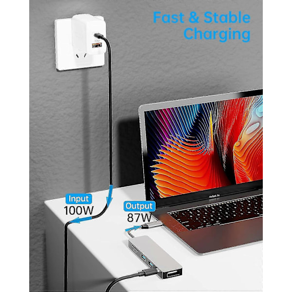 6 i 1 USB-C Hub Multiport Adaptere, Mac Dongle med 4K HDMI, 100W Hurtig Opladning, USB-C og 3 USB-A 5 Gbps Dataport, USB 2.0