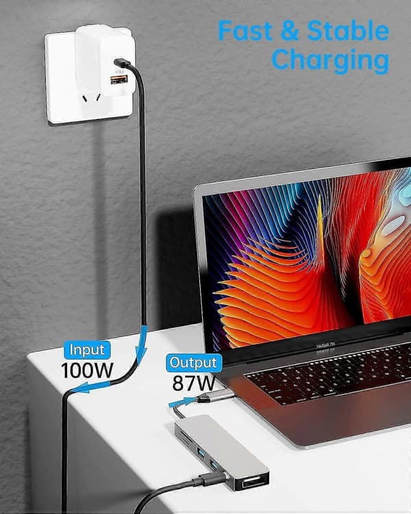 6-in-1 USB-C-keskitin, monitoiminen sovitin, Mac-sovitin 4K HDMI:llä, 100 W nopea lataus, USB-C ja 3 USB-A 5 Gbps dataliitäntää, USB 2.0