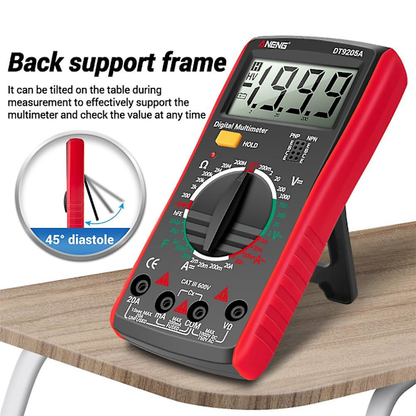 DT9205A Digitalt Multimeter AC/DC Transistor Tester Elektrisk NCV Test Meter Profesjonell Analog Auto Range Rød