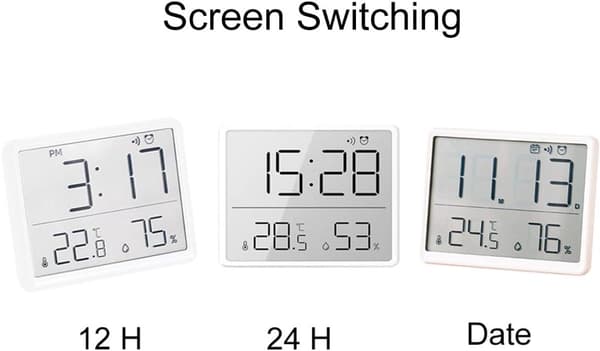 Digital Hygrometer Termometer Vækkeur, LCD Temperatur- og Fugtighedsmåler, Magnetisk Montering, 12/24 Timer, Hjemmekontor, Hvid