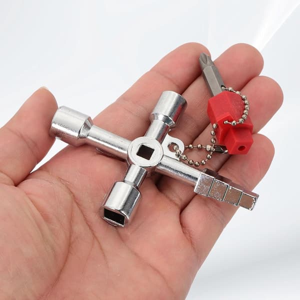 2-pack 4-vägs elementnycklar, 4-i-1 multifunktionell korsnyckel för verktygsskåp, vatten- och gasmätare, silver, 8x7 cm