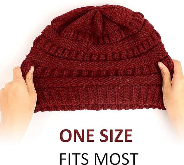 Vinterstickad mössa för kvinnor, varm och vindtät, slouchy skidmössa, satin foder, Bordeaux, 52-60cm