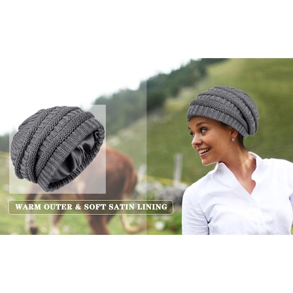 Stickad vintermössa för kvinnor, varm slouchy skidmössa med satin foder, mörkgrå, 52-60cm
