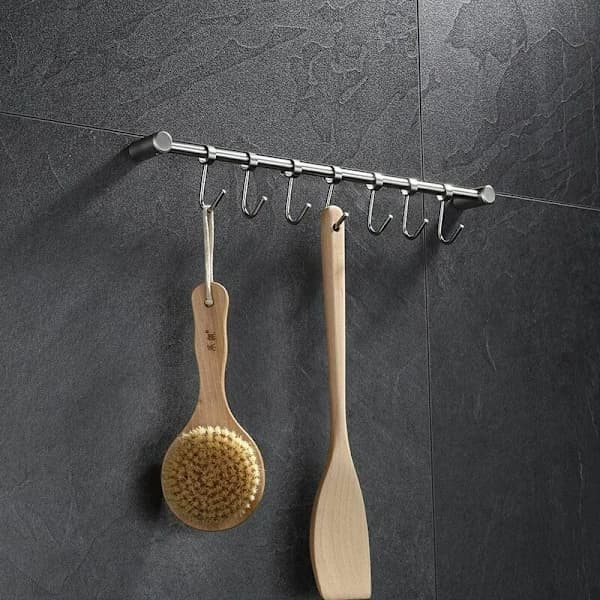 7-Hook Stainless Steel Kitchen Rail with Hangers for Utensils, Pot Holders & Cups