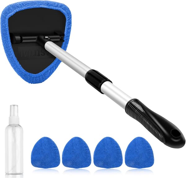 Car Interior Cleaning Kit with Extendable Handle and 4 Reusable Microfiber Pads, Car Window Wiper Brush Kit for Cars, Blue Blue