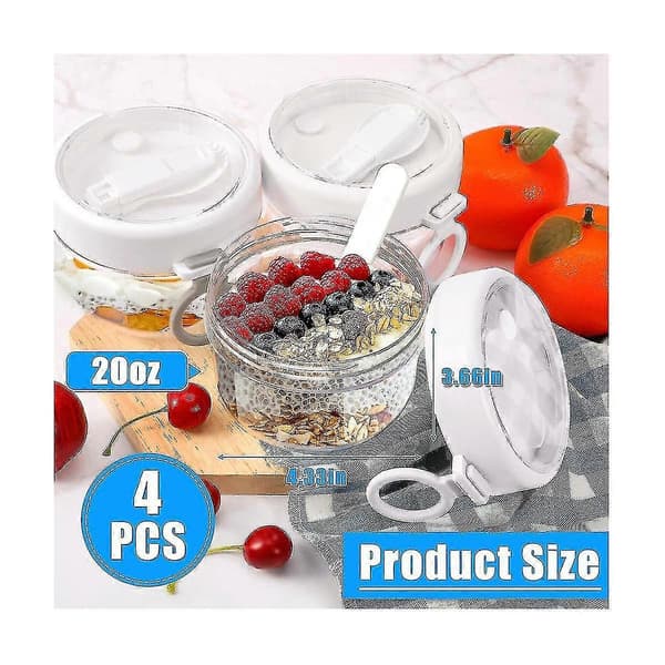 4 Pcs Overnight Oat Containers With Lids And Spoons, 590ml Overnight Oatmeal Jars Airtight Yogurt Containers