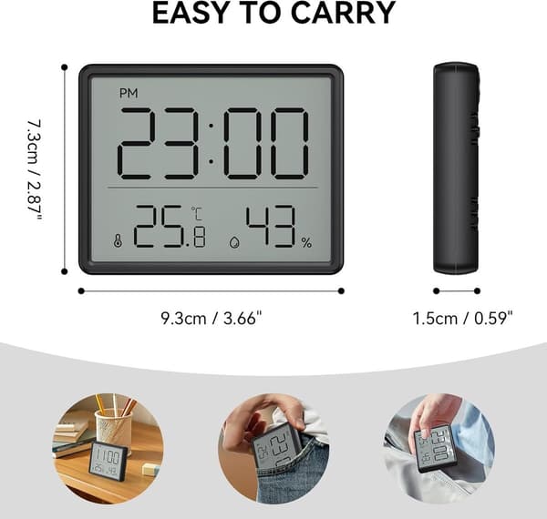 Digital Hygrometer Termometer Vækkeur, LCD Temperatur Og Fugtighed, 12/24 Timer, °C/°F, Magnetisk Montering, Hjemmekontor, Sort