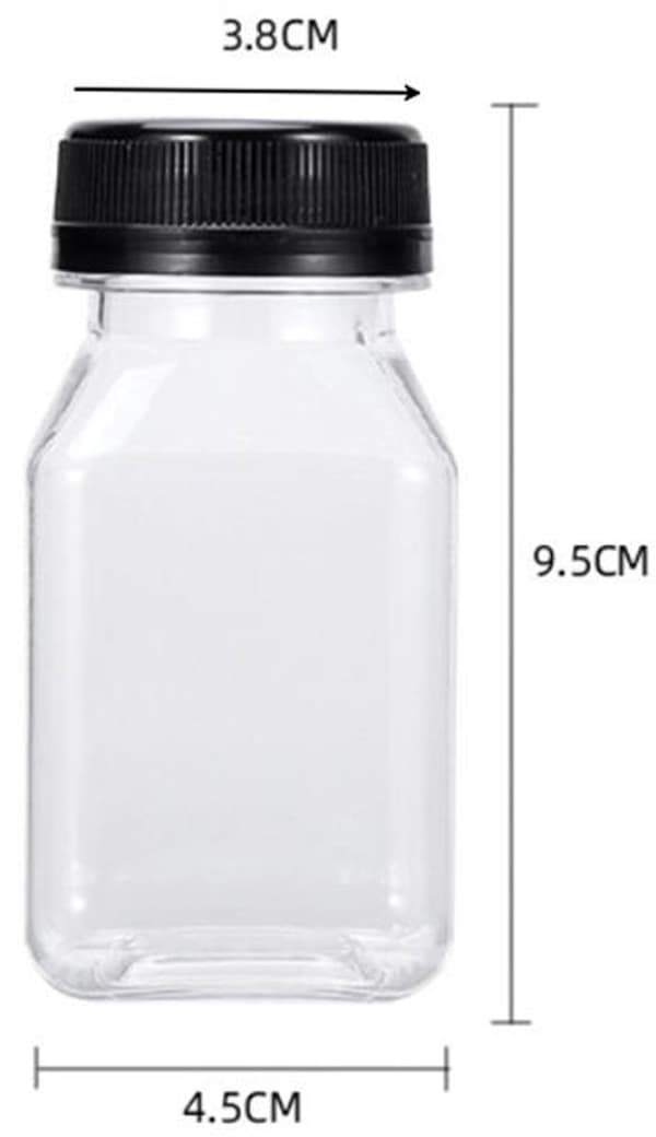Minijuiceflaskor, 10-pack PET återanvändbara läckagesäkra flaskor med svarta lock för juicer, milkshakes, smoothies, resor, 120 ml klar