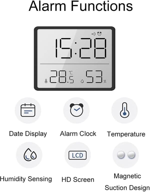 Digital Hygrometer Termometer Vækkeur, LCD Temperatur Og Fugtighed, 12/24 Timer, °C/°F, Magnetisk Montering, Hjemmekontor, Sort