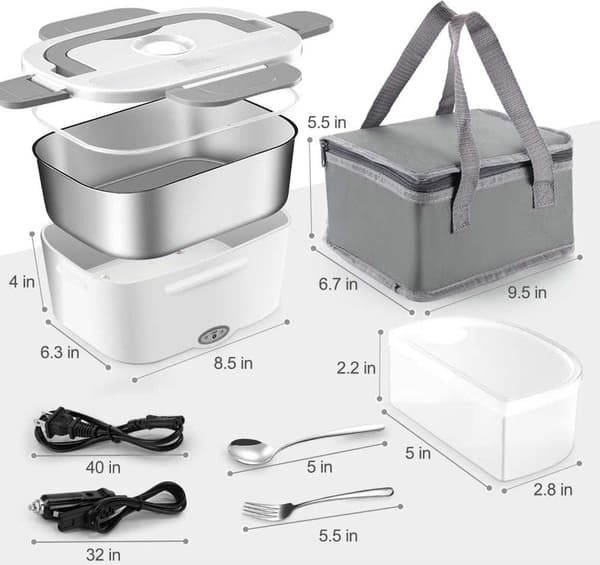 Elektrisk matboks for voksne, rustfritt stål, flere rom, 220V+12V, vannfri oppvarming 3 i 1