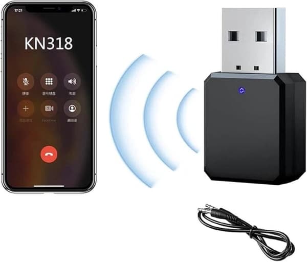 Bluetooth 5.1 USB-adapter, sender/mottaker med 3,5 mm AUX-kabel, håndfri lyd for biler, høyttalere og hodetelefoner