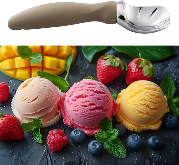 Iscremske i rustfrit stål - 19x5x3cm, behageligt håndtag - til melon, kiksedej - brun