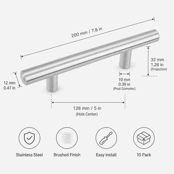Sett med 10 skaphåndtak, børstet rustfritt stål T-bar for skap Brushed 12*128*200*35