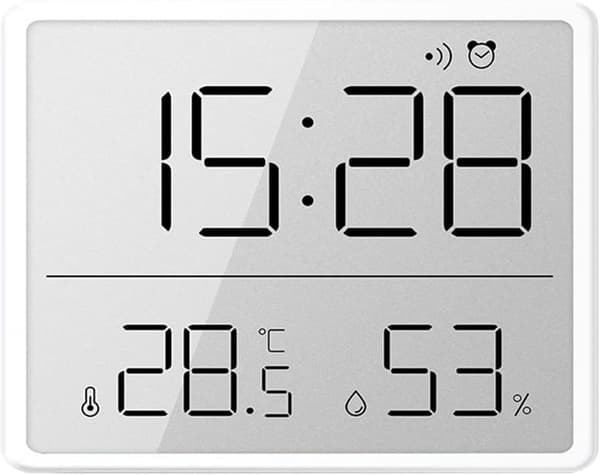 Digital Hygrometer Termometer Vækkeur, LCD Temperatur- og Fugtighedsmåler, Magnetisk Montering, 12/24 Timer, Hjemmekontor, Hvid
