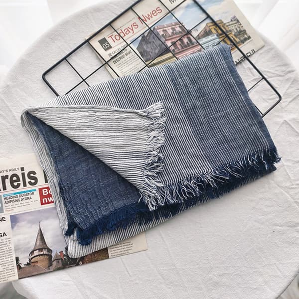 Linnescarf, randig mjuk lättviktswrap för resor, solskydd och luftkonditionerade rum, blå, 75 x 190 cm