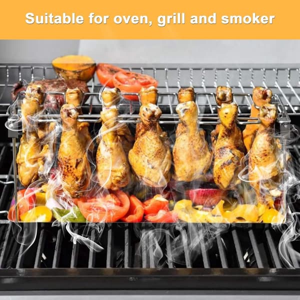 Kyllingelårstativ til grill, 14 slidser rustfrit stål, med drypbakke, 1 stk.