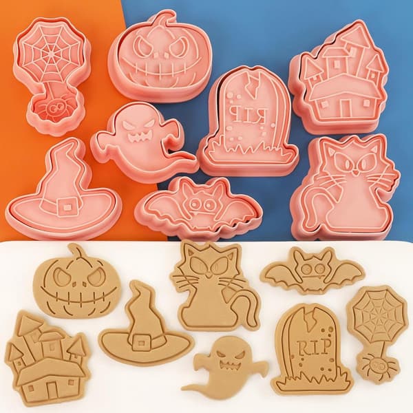 Halloween Cookie Cutter Sæt med 8, 3D Spøgelsesprægede Plaststempler, til Kagedekoration (Stil A)