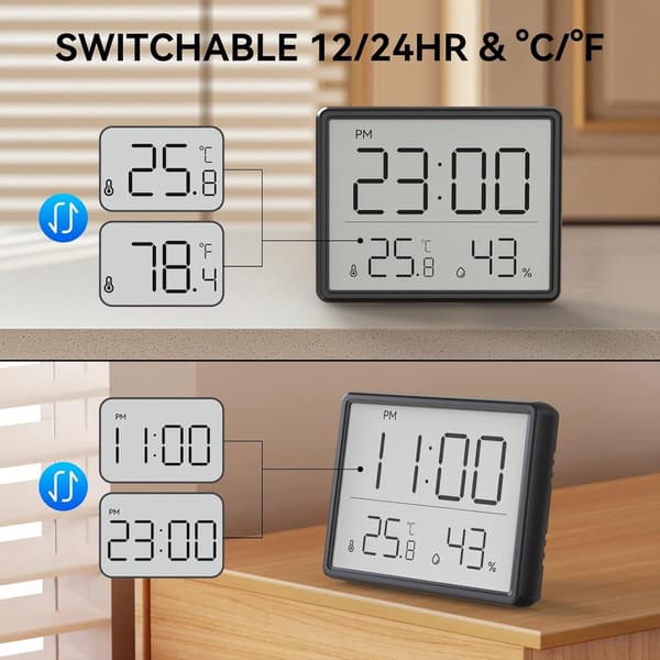 Digital Hygrometer Termometer Vækkeur, LCD Temperatur Og Fugtighed, 12/24 Timer, °C/°F, Magnetisk Montering, Hjemmekontor, Sort