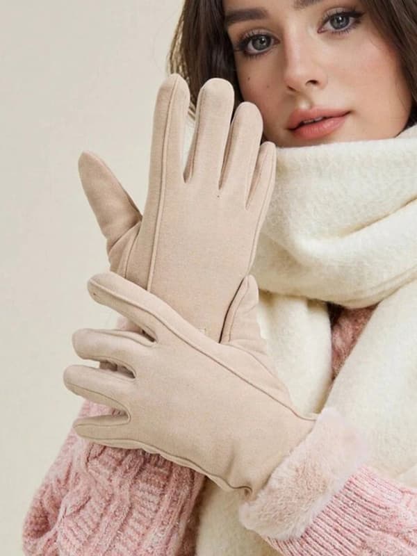 Vinter Touchscreen Handsker til Kvinder, Varme Vindtætte Polyester, Plys Manchetter til Cykling, Gåture og Udendørs Sport, Beige, One Size
