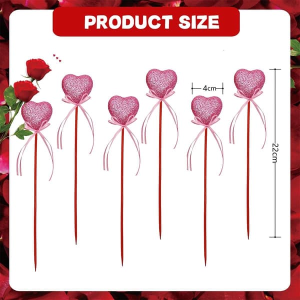 18-pak glitter skumhjertepinde med sløjfer, til Valentinsdag, bryllupper, buketter og kagepynt, pink, 22 x 4 cm