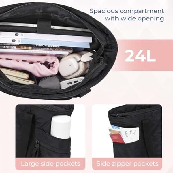 Quiltet laptoptaske til kvinder, vandtæt, polstret 15-tommer rum, 20L, pendlerrejser, sort, 40 x 32 x 16 cm