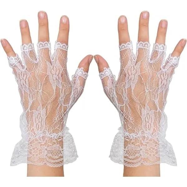 Fingerløse blondehandsker, flæsekant, pull-on design til kvinder og piger, bryllupper, teselskaber, victorianske kostumer White