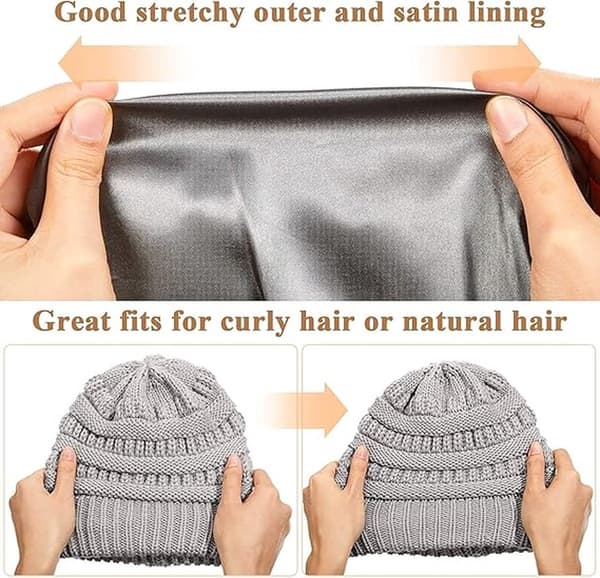 Stickad vintermössa för kvinnor, varm slouchy skidmössa med satin foder, marinblå, 52-60cm