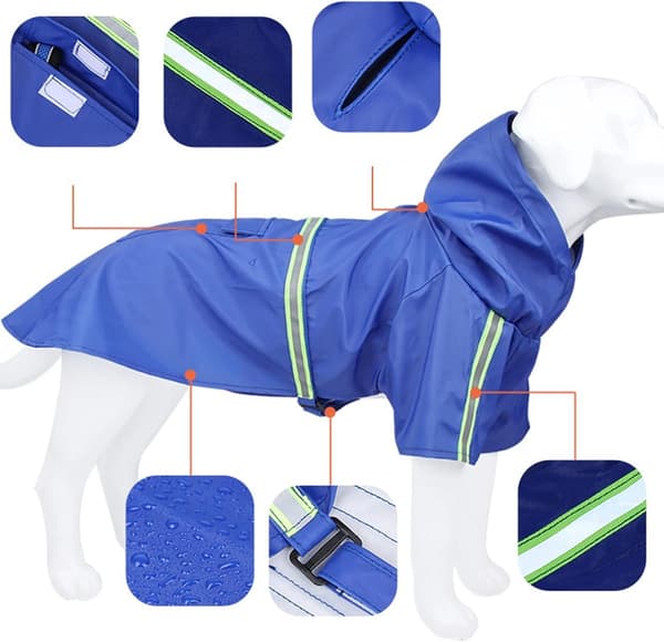 Vanntett regnfrakk til hund med hette og refleksstriper, ponchostil for mellomstore til store hunder, regnværsdager, blå, 5XL
