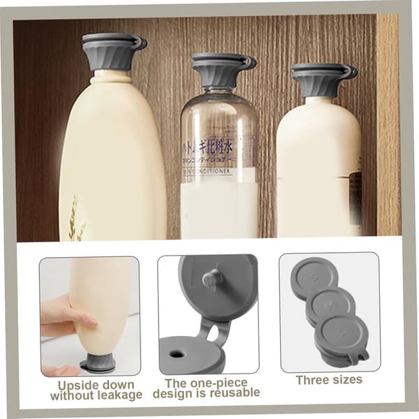 6-pack flasklock med snäpplock och läckagesäker tätning, 3 storlekar påfyllningsbara dispenserlock för schampo, lotion, köksbruk, grå