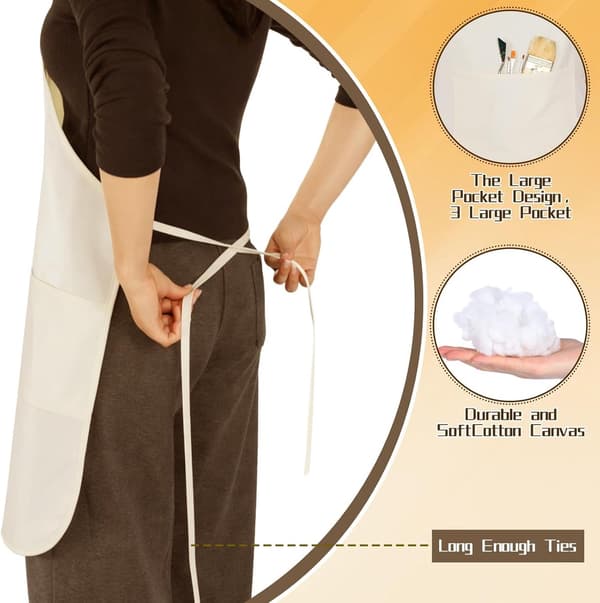 Canvasförkläde med 3 fickor för vuxna, justerbart haklappsförkläde för målning, keramik, bakning, hantverk, 77 x 66 cm, beige, 3-pack