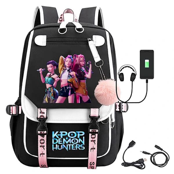 Søt Kpop Demon Hunters Anime Ryggsekk for Studenter - Svart