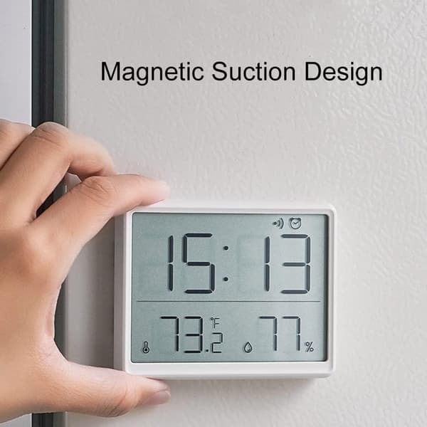 Digital Hygrometer Termometer Vækkeur, LCD Temperatur- og Fugtighedsmåler, Magnetisk Montering, 12/24 Timer, Hjemmekontor, Hvid