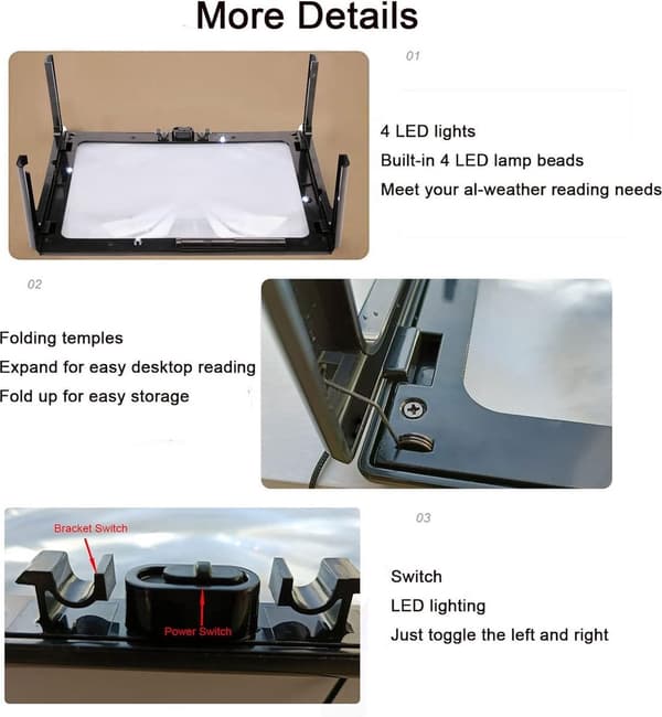 Bordlup med 4 LED-lys, 3x foldbar, til synshandicappede, 27,5x20,5x10,5cm
