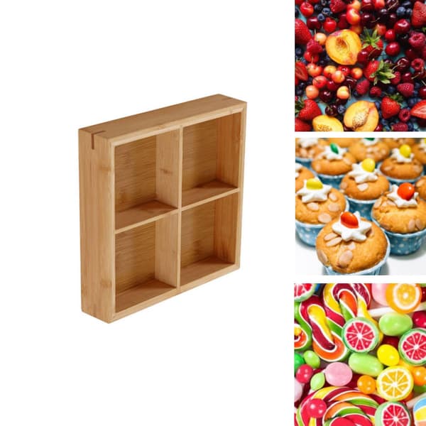 Serveringsbrett i tre med 4 rom, delt snackfat og nøttebeholder (natur) Four-compartment tray