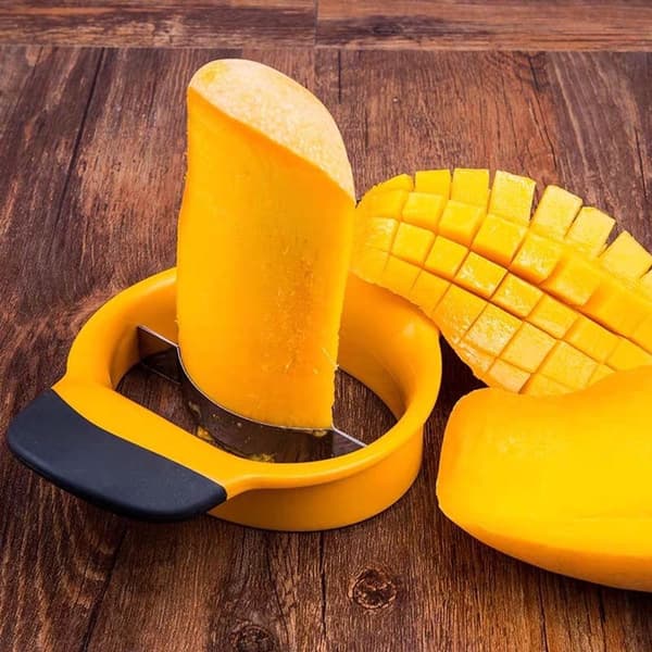 Mangokutter - deling og uthuling - sklisikkert håndtak - rustfritt stålblad - fruktskjærer - svart-gul