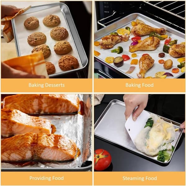 2-delt bageplade i rustfrit stål, varmebestandig op til 230°C, til bagning, stegning, grillning og servering, 26,5 x 20,5 x 1,2 cm