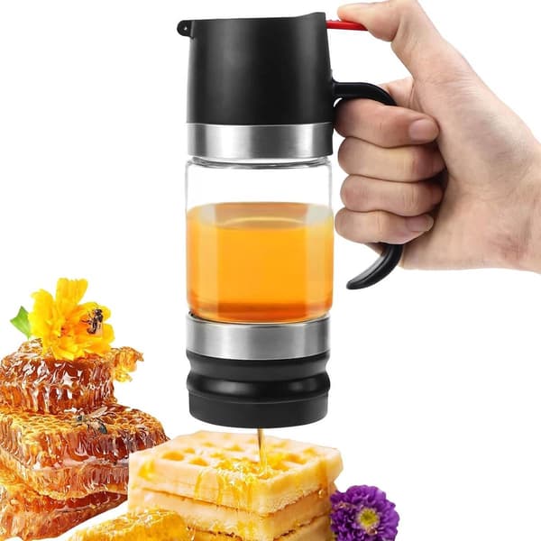 Allecto Premium 350 ml honungsdispenser – droppfri, tryck-dropp, för sirap, olja, såser, svart