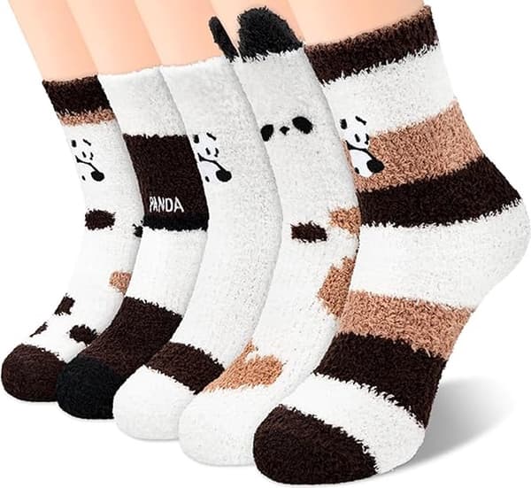 Fluffiga katttdjursstrumpor för kvinnor, 5 par varma, förtjockade fleece-sovstrumpor