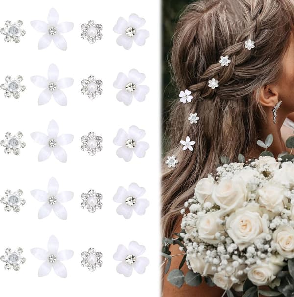 Mini Blomsterhårklämmor med Strass, Bröllop Vita Håraccessoarer, 20 st
