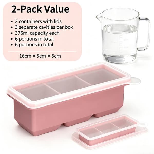 Silikonfrysfack med lock, 2-pack stapelbar 3-facks förvaring för soppa, sås, barnmat, BPA-fri, diskmaskinssäker, klar