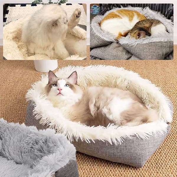 Katteseng, Fluffy Bomull Sammenleggbar 2-i-1 Sovepose og Pute, For Katter, Valper og Små Kjæledyr, Grå, 61 x 51 cm