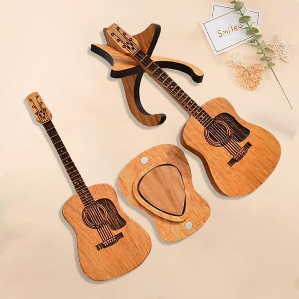 Gitarrplektrumfodral i trä med 3 plektrum och stativ, bärbar förvaringslåda för gitarrister och ukulelespelare