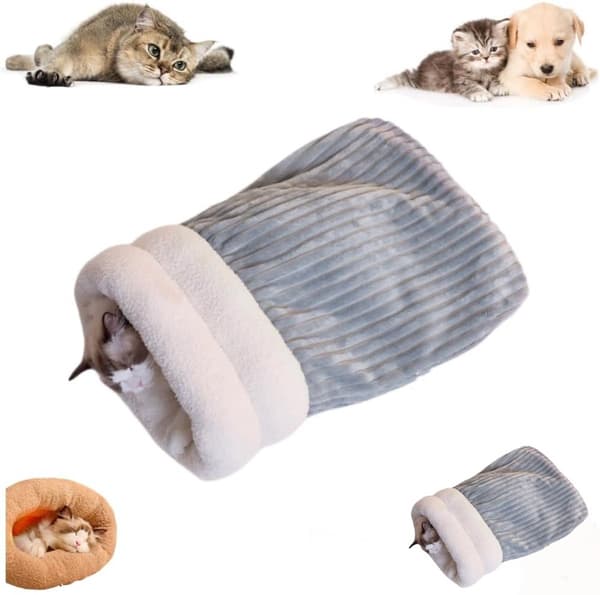 Kattesovepose, plysfløjl og PP-bomuldsseng, halvlukket gemmested til indekatte, små hunde og kæledyr, grå, M, 44 x 31 cm