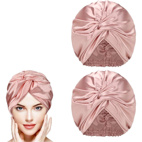 Dubbellagerad sovmössa, silkesduschmössa, rosa, set om 2
