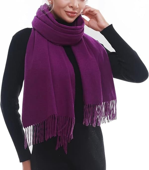 Vinterhalsduk för kvinnor, mjuk imitation av kashmirpolyester, lång bred fransad stola för höst och vinter, 70 x 200 cm, mörklila Violet