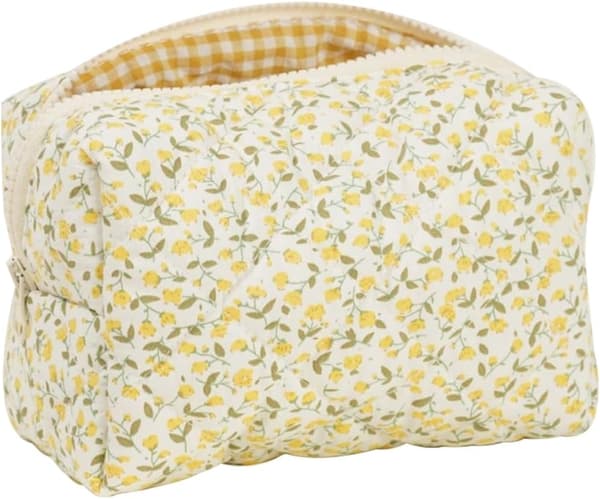 Quilted Makeup Bag (Yellow), Elegant Floral Cosmetic Bag, Soft Cotton Material, Ample Space for Makeup Brushes and Beauty Tools, Lined at C, Yellow