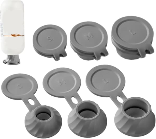 6-pack flasklock med snäpplock och läckagesäker tätning, 3 storlekar påfyllningsbara dispenserlock för schampo, lotion, köksbruk, grå
