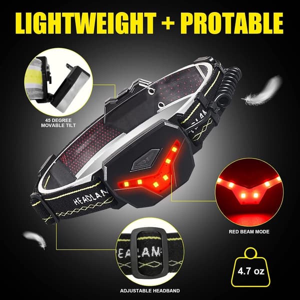 Oppladbar LED-hodelykt 270° bred stråle COB-hodelykt med rødt baklys, 8 moduser vanntett hodelykt for camping, løping, fotturer