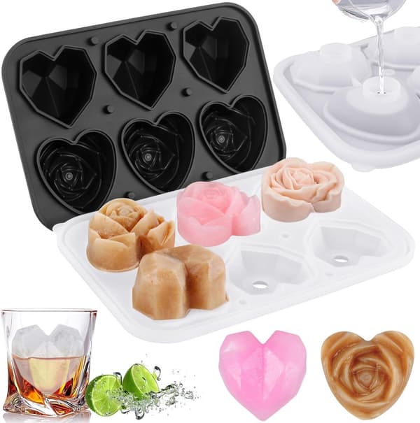 Silikone isterningebakke, 2,5 tommer 3D hjerte- og diamantforme med låg, til whisky og cocktails