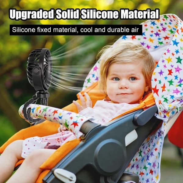 Mini Klapvognsventilator, USB Genopladelig, Stille, 3 Hastigheder, 360° Roterende, Silikone Stativ, Til Babyklapvogne Og Barnesenge, Sort